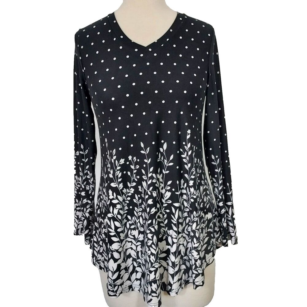 BaiShengGT Tunic Top Shirt Womens Size Small Long Sleeve Black White Floral